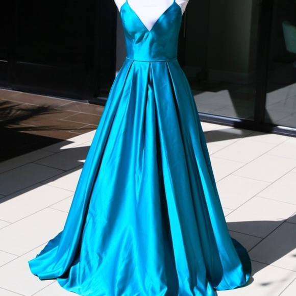 Evening Gown – Blondie Nites – Teal – Satin Ball Gown Lace‑Up Back w/ Pockets 3 - Picture 6 of 16
